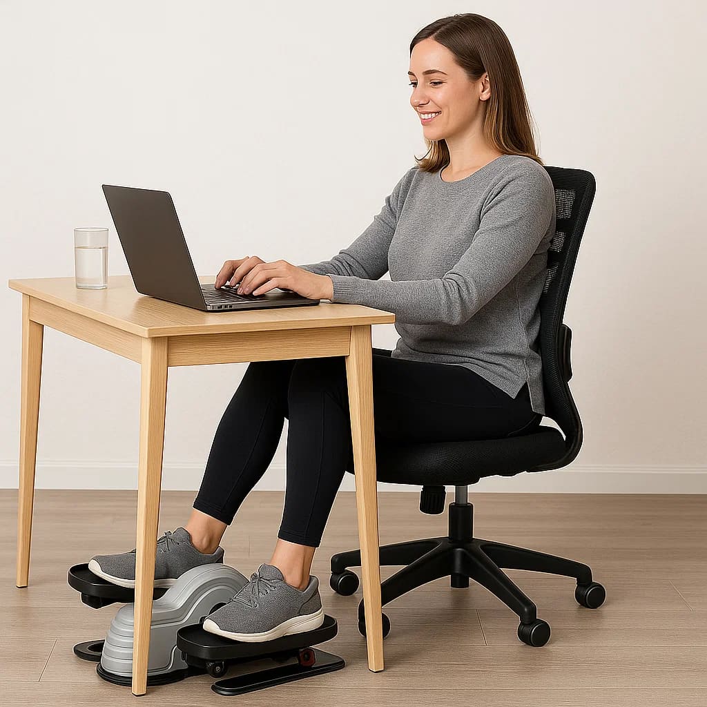 Woman using Medivita BewegFit under-desk exercise machine while working on a laptop at home.