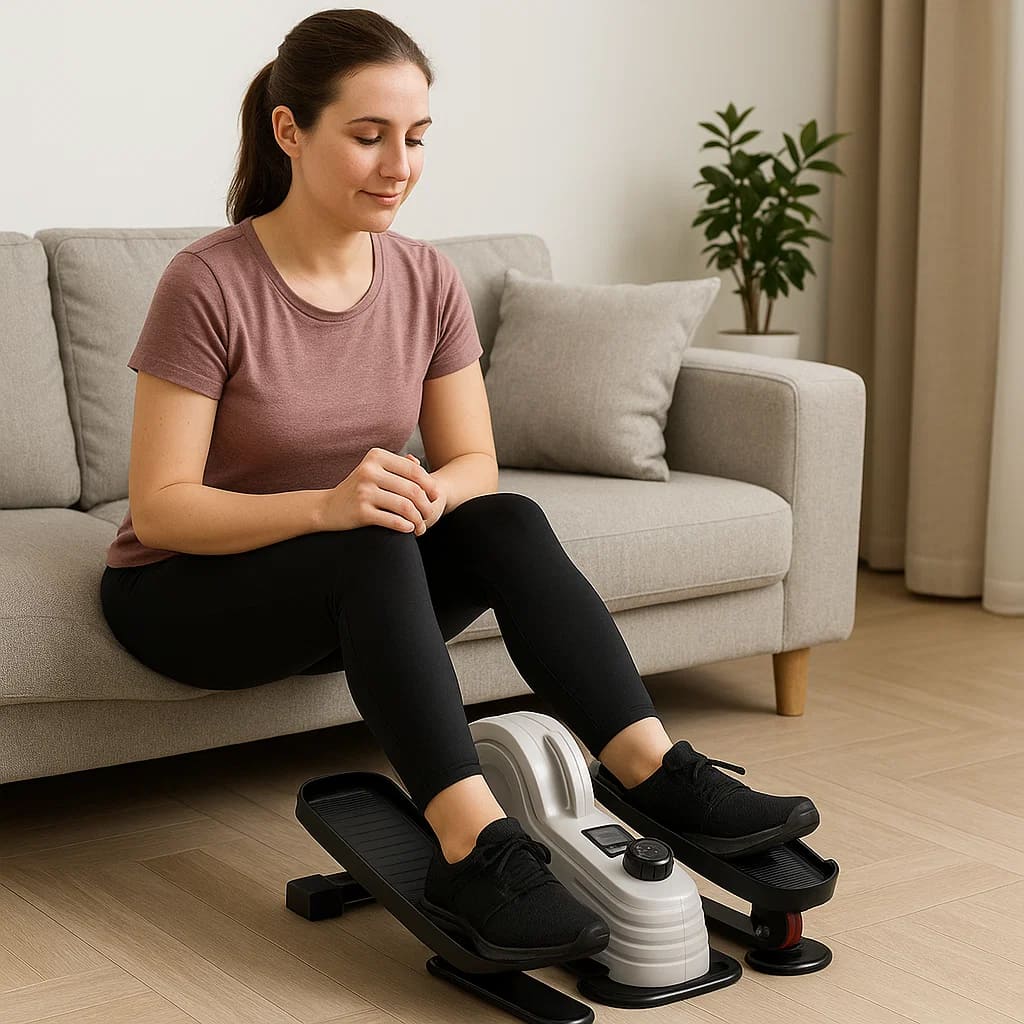 Woman using Medivita BewegFit exercise machine at home for seated workout.