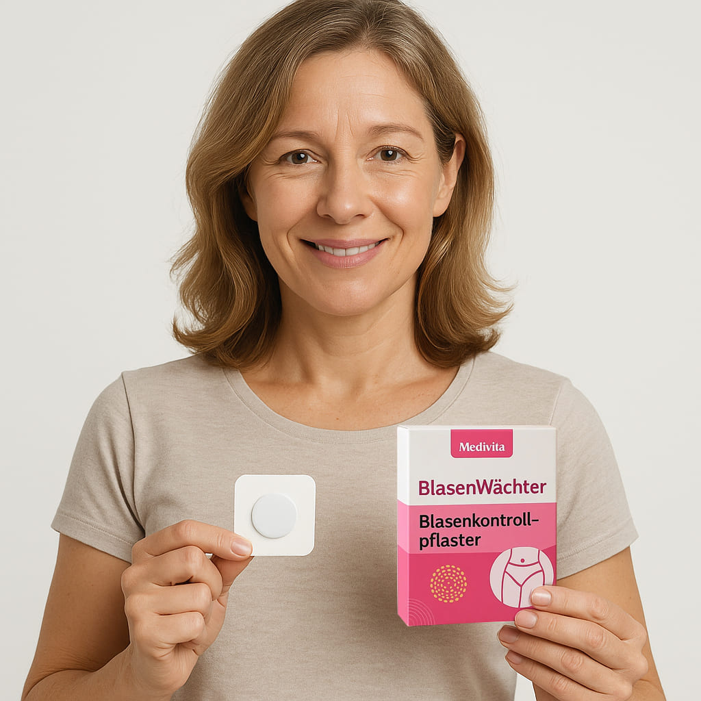 Woman holding Medivita BlasenWächter, a device for bladder health protection, designed for long-term catheter users.