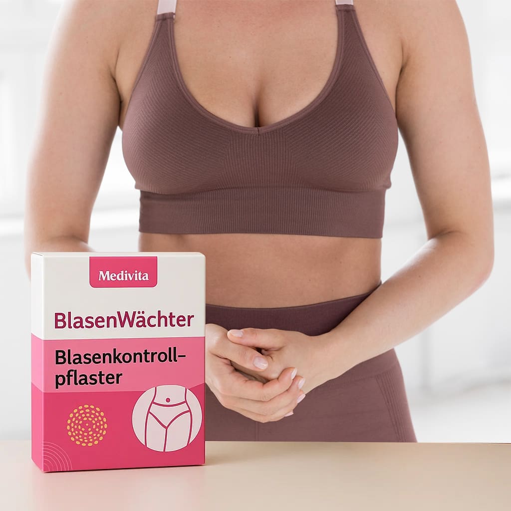 Medivita BlasenWächter product box in front of a person wearing an athleisure outfit, highlighting innovative bladder health support.