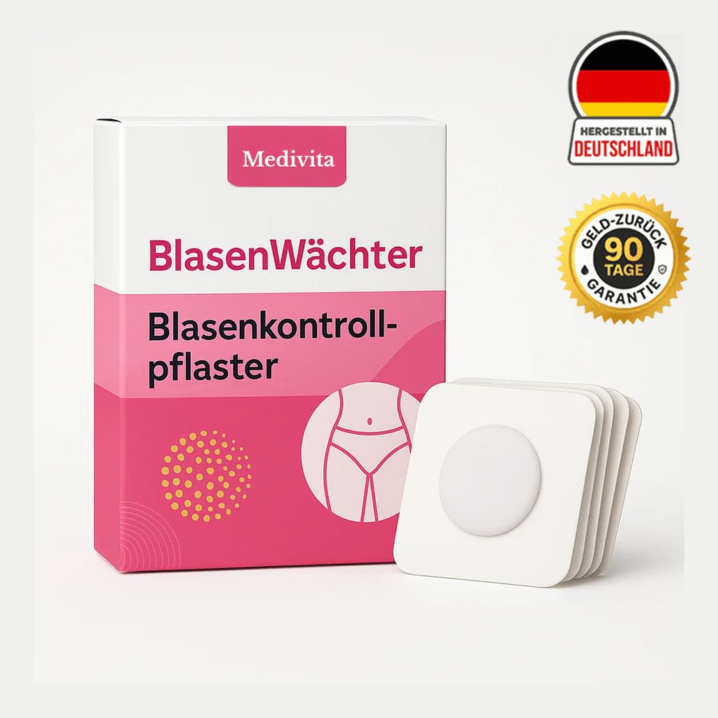 Medivita BlasenWächter Blasenkontrollpflaster with 90-day guarantee, shown in German packaging box and product pads.