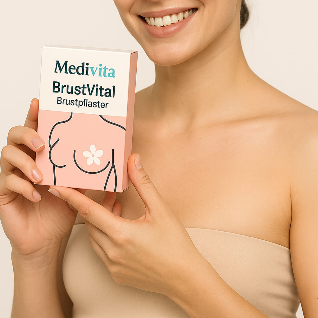 Woman holding Medivita BrustVital packaging, natural breast enhancement solution
