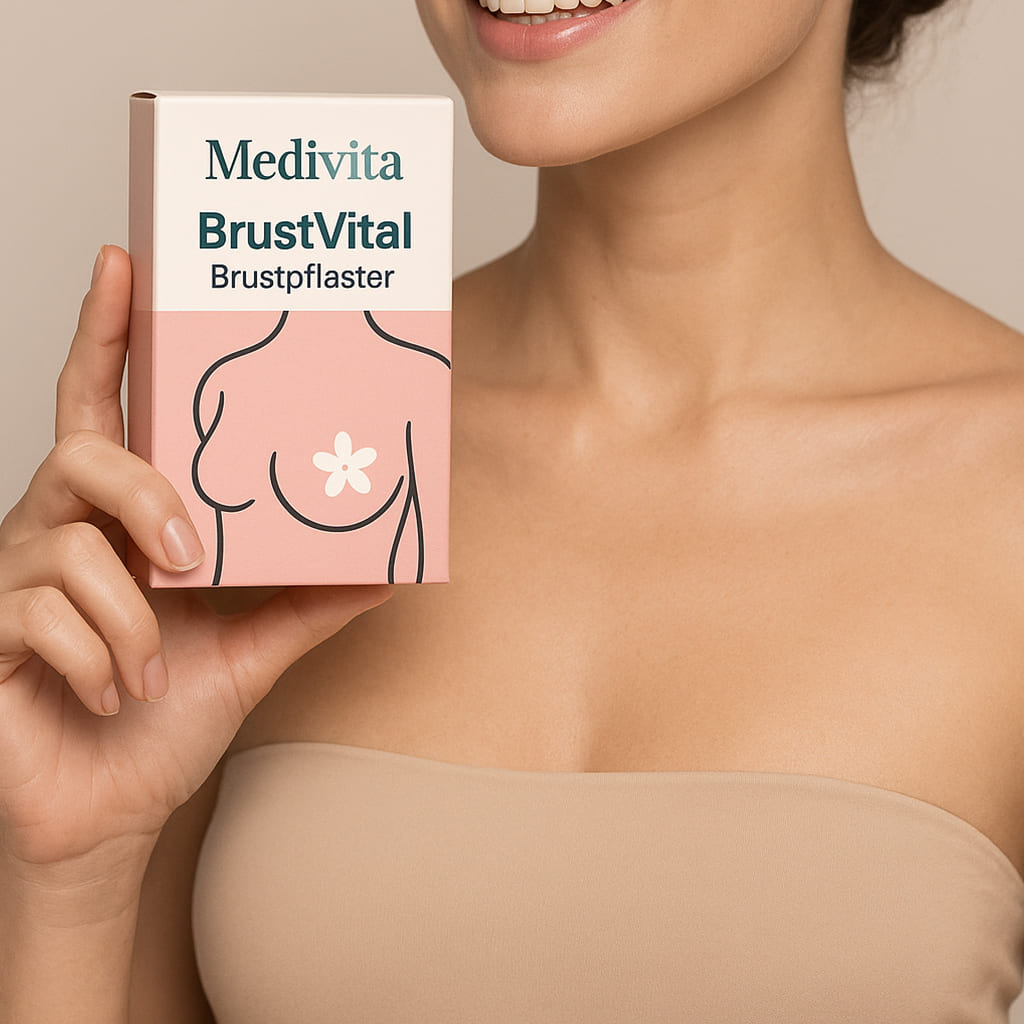 Woman holding Medivita BrustVital breast plaster box for natural enhancement and firming