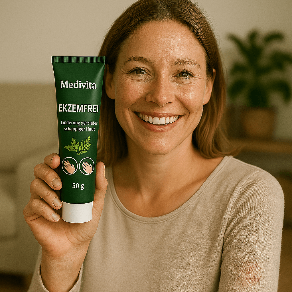Woman holding a tube of Medivita Ekzemfrei cream for soothing irritated skin, featuring natural extracts and no cortisone. 50g size.