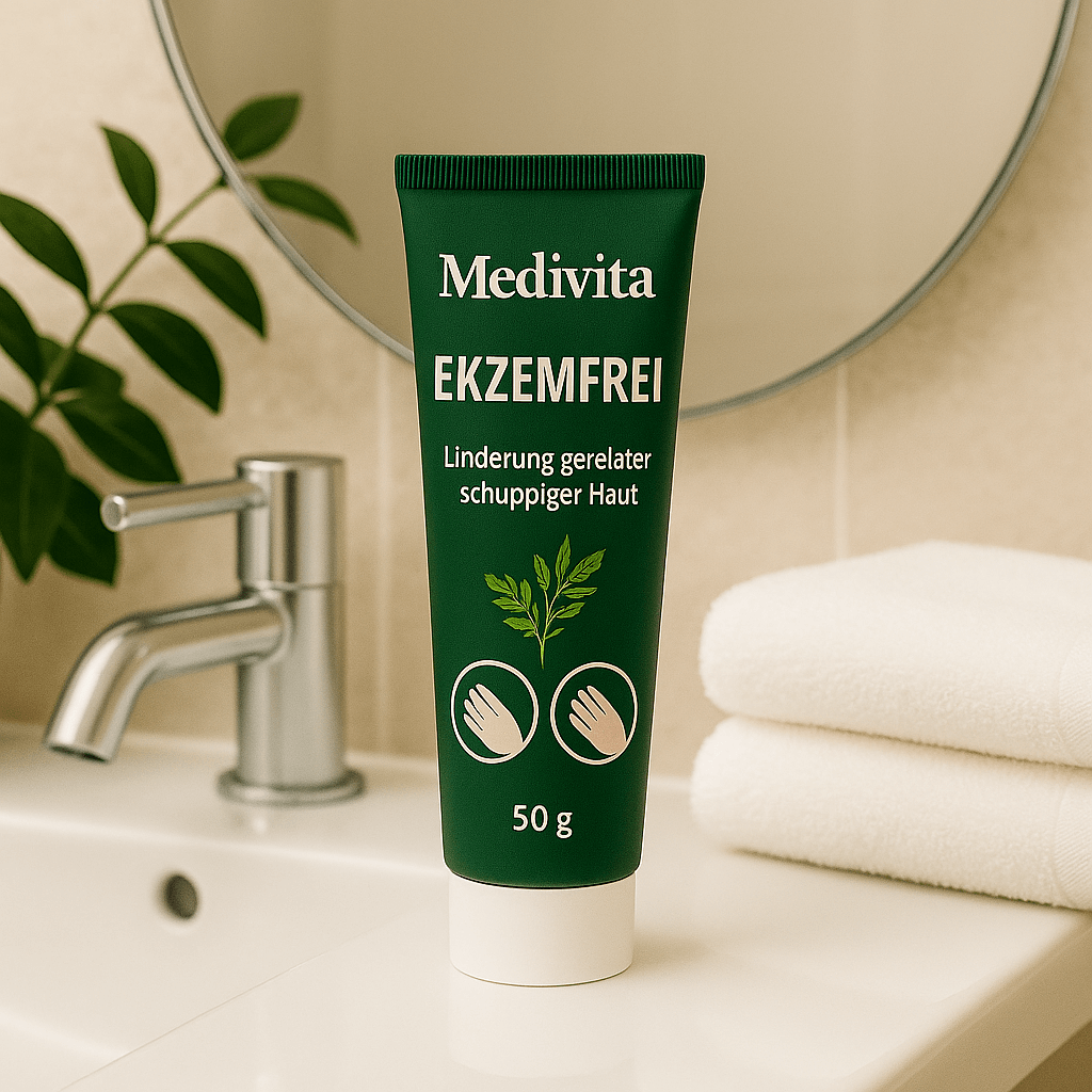Medivita Ekzemfrei tube on bathroom sink, soothing for itchy, red, flaky skin with natural extracts, no cortisone, 50g size.