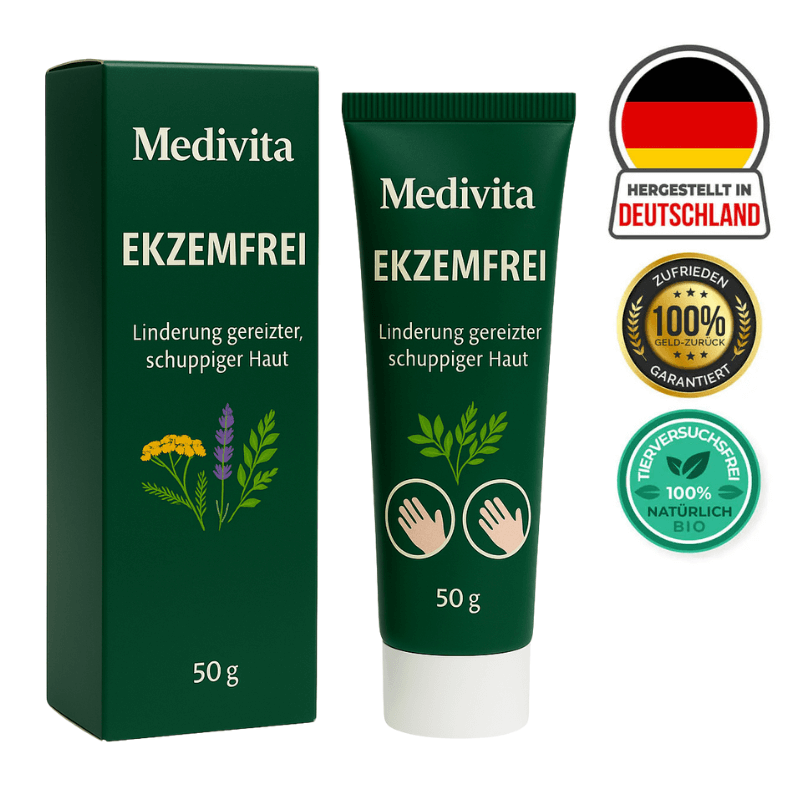Medivita Ekzemfrei tube and box, natural remedy for irritated skin, made in Germany with 100% satisfaction guarantee.