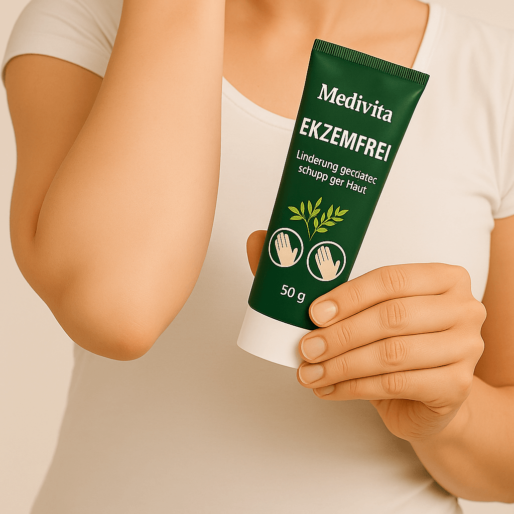 Person holding Medivita Ekzemfrei cream, designed for soothing flaky, red, itchy skin with natural extracts and without cortisone.