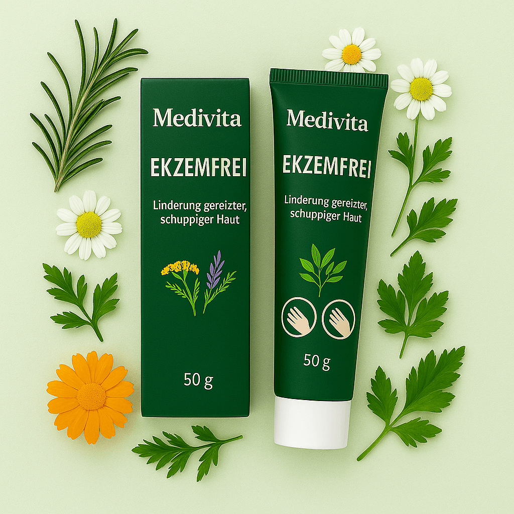 Medivita Ekzemfrei cream and packaging surrounded by natural herbs and flowers for soothing irritated skin, 50g.
