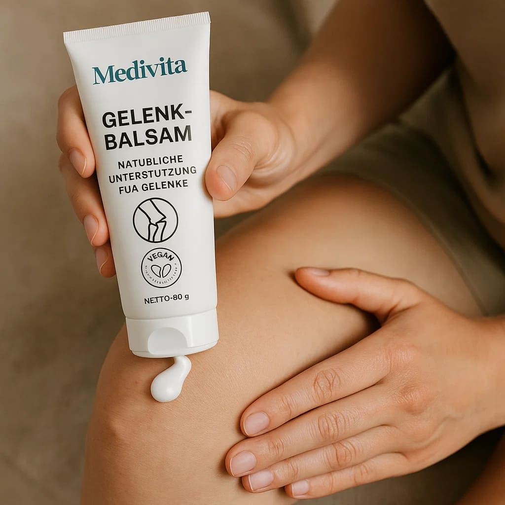 Person applying Medivita GelenkBalsam to knee for joint relief and mobility support