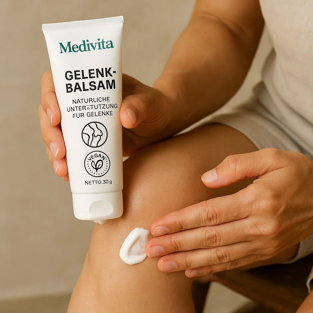 Person applying Medivita GelenkBalsam to knee for joint relief