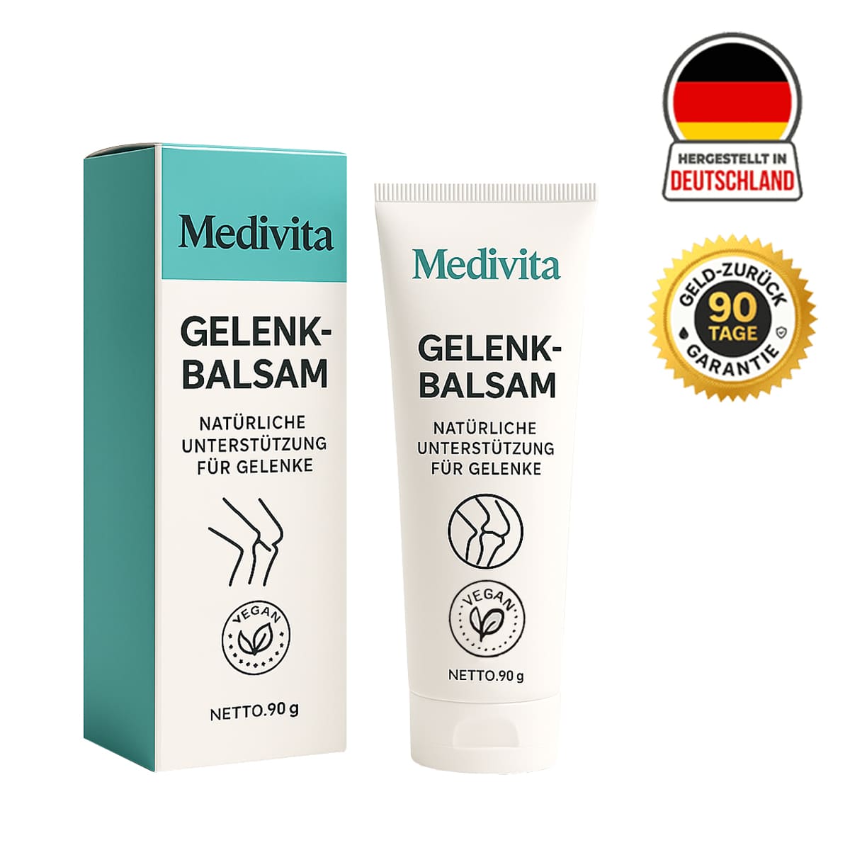 Medivita GelenkBalsam tube and box with 90-day guarantee badge