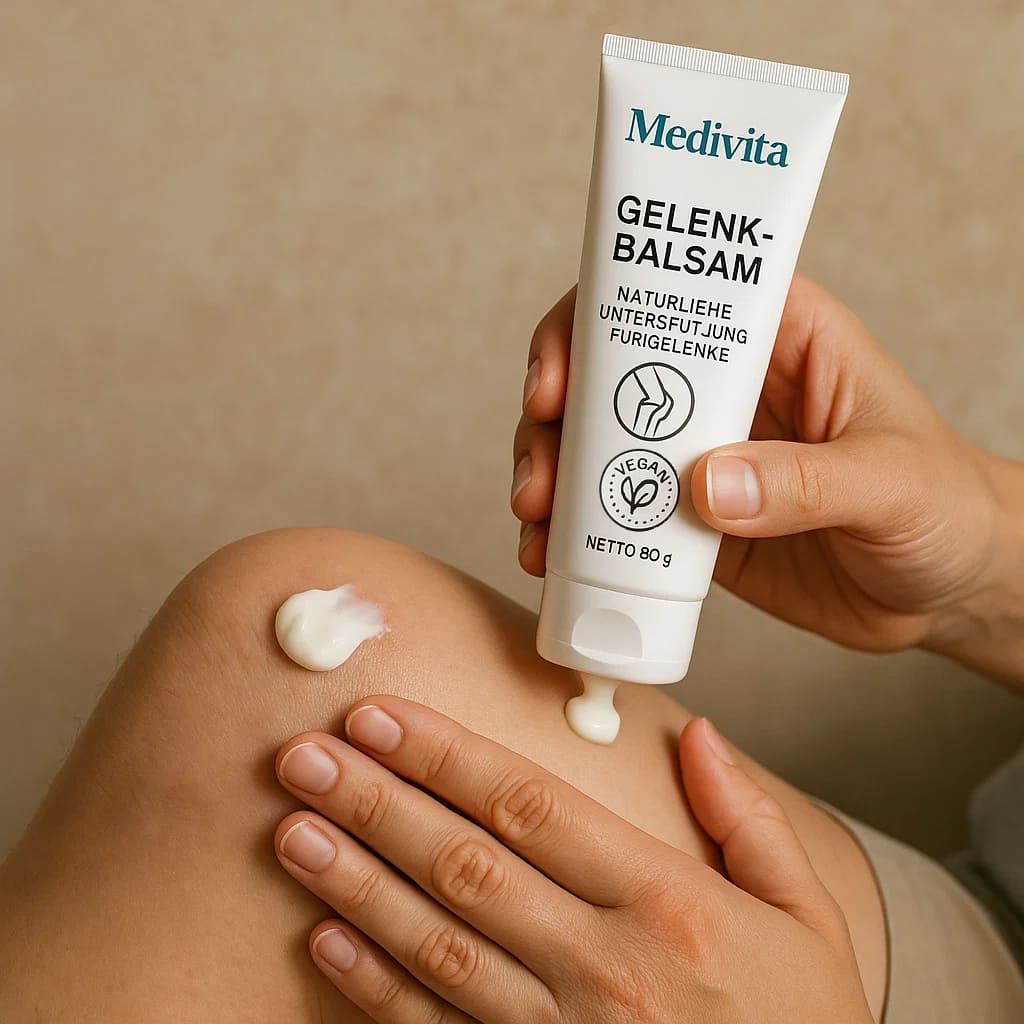 Person applying Medivita GelenkBalsam cream on knee for joint relief.