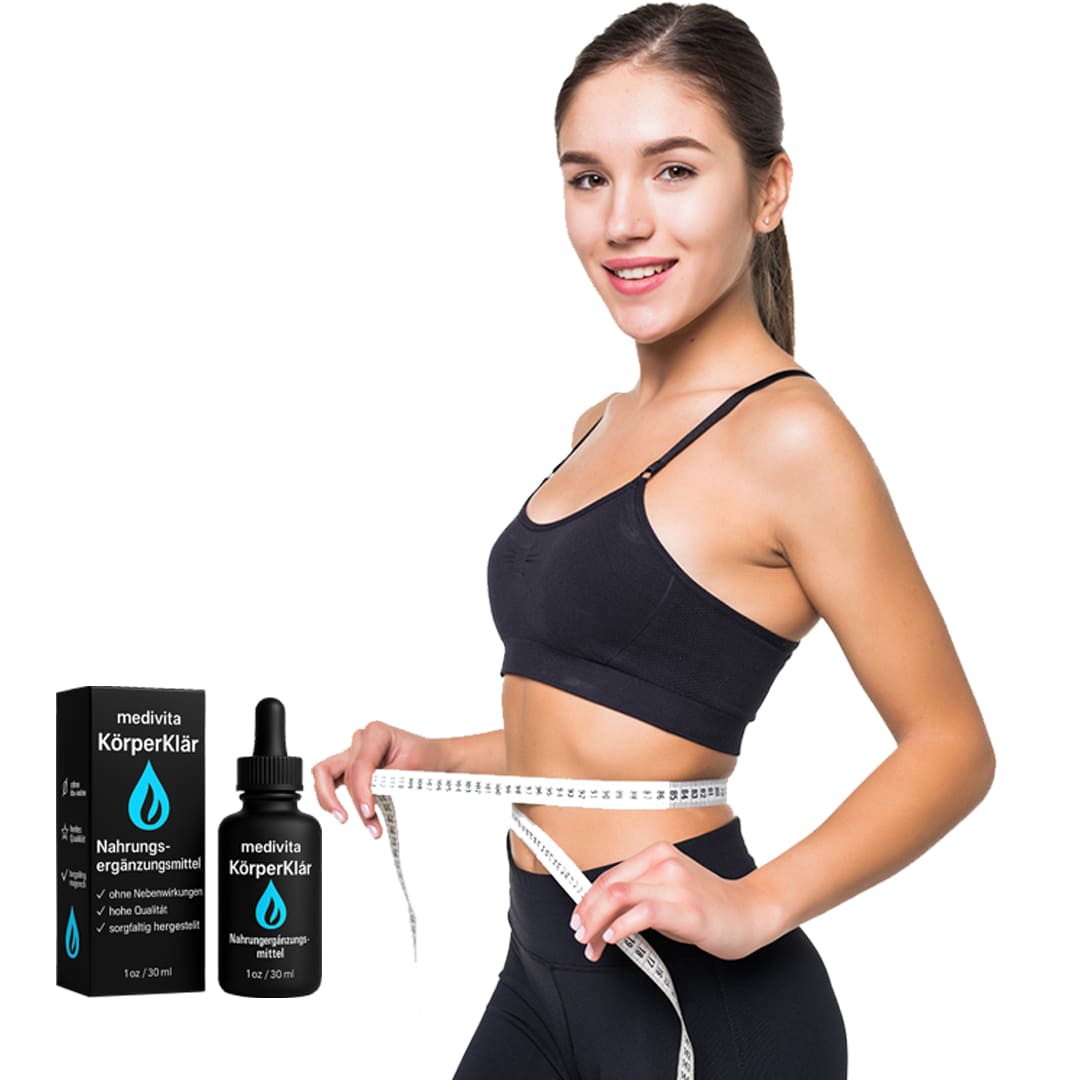 Woman holding a measuring tape with Medivita KörperKlär detox product, promoting natural body detox and active metabolism support.