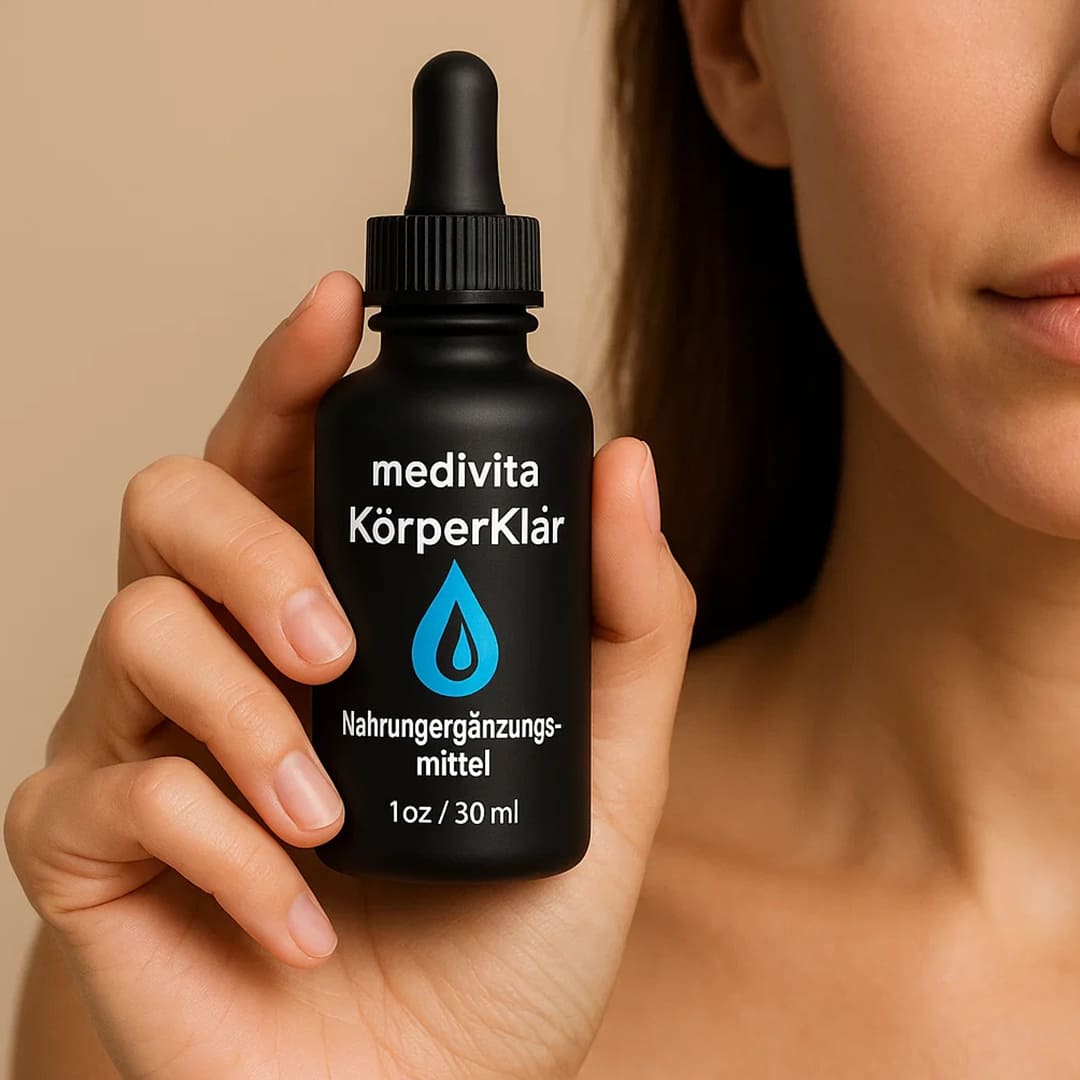 Person holding Medivita KörperKlär detox supplement bottle in hand, promoting natural detox and active metabolism support.