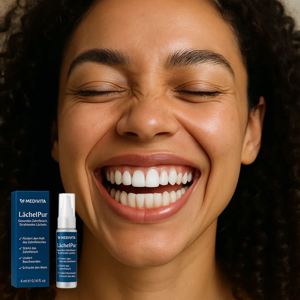 Woman smiling brightly, showcasing healthy gums with Medivita LächelPur gum care gel featured beside her.