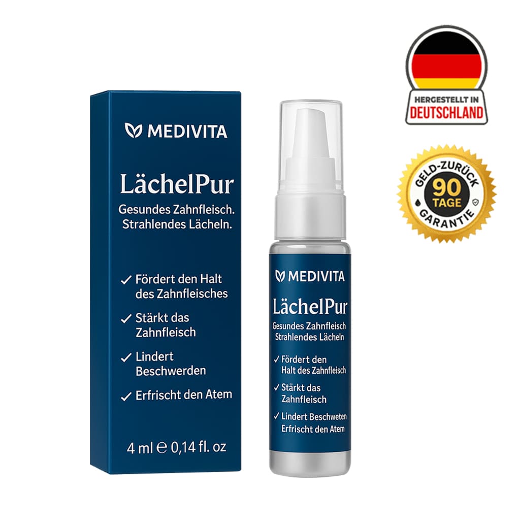 Medivita LächelPur Zahnpflege-Gel Flasche und Verpackung mit 90-Tage-Garantie und Made in Germany Siegel.