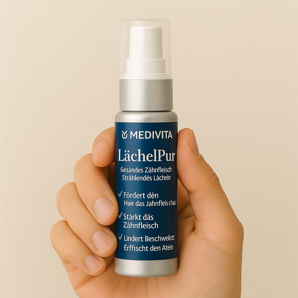 Hand holding Medivita LächelPur gum care gel for healthy gums and radiant smile, promotes oral health.