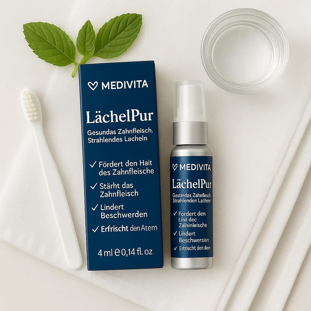 Medivita LächelPur Zahnfleischpflege Gel für gesundes Zahnfleisch und ein strahlendes Lächeln mit Zahnbürste und frischem Minzblatt