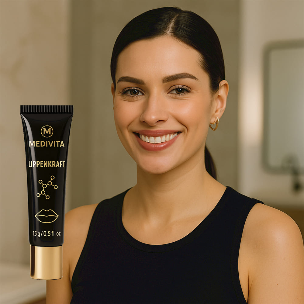 Smiling woman holding Medivita Lippenkraft lip plumper for hydration and volume boost.