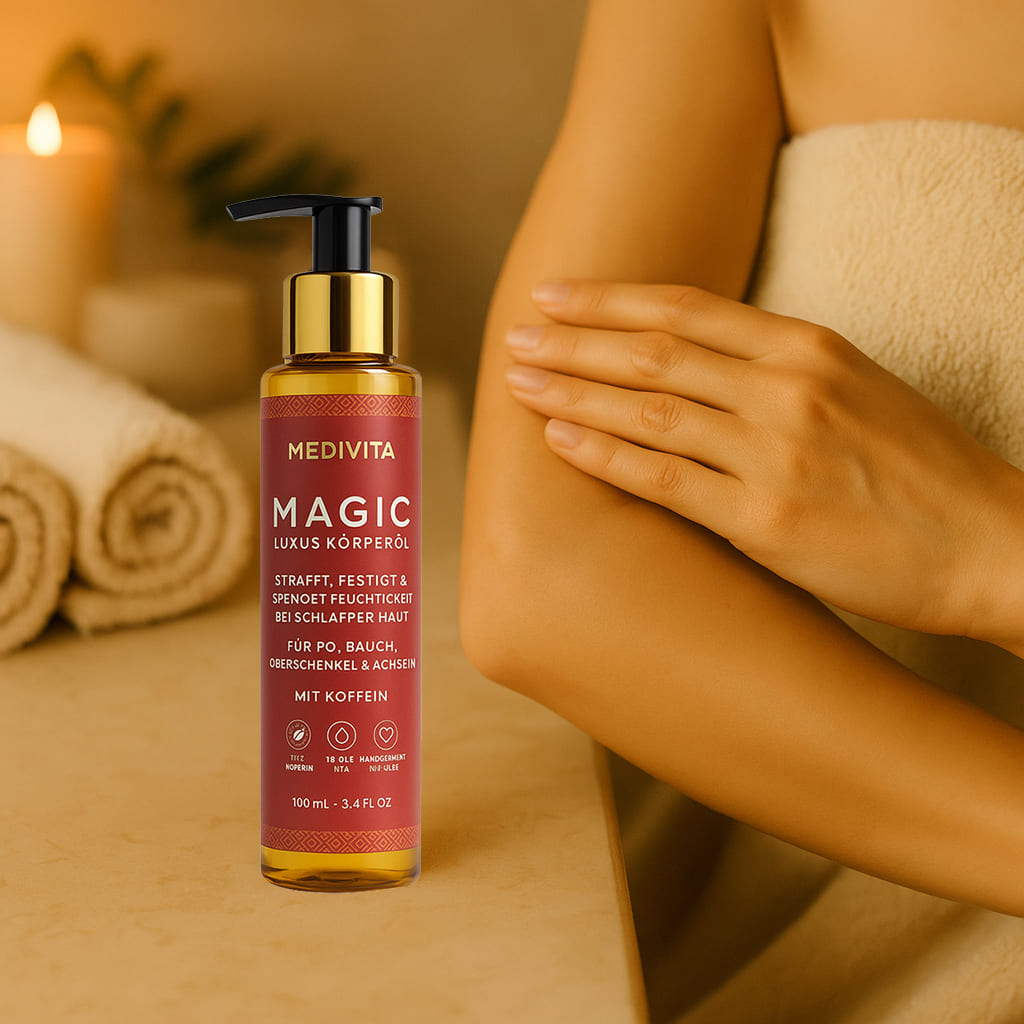 Medivita Magic Luxus Körperöl bottle with woman applying oil, promoting smooth and firm skin care.