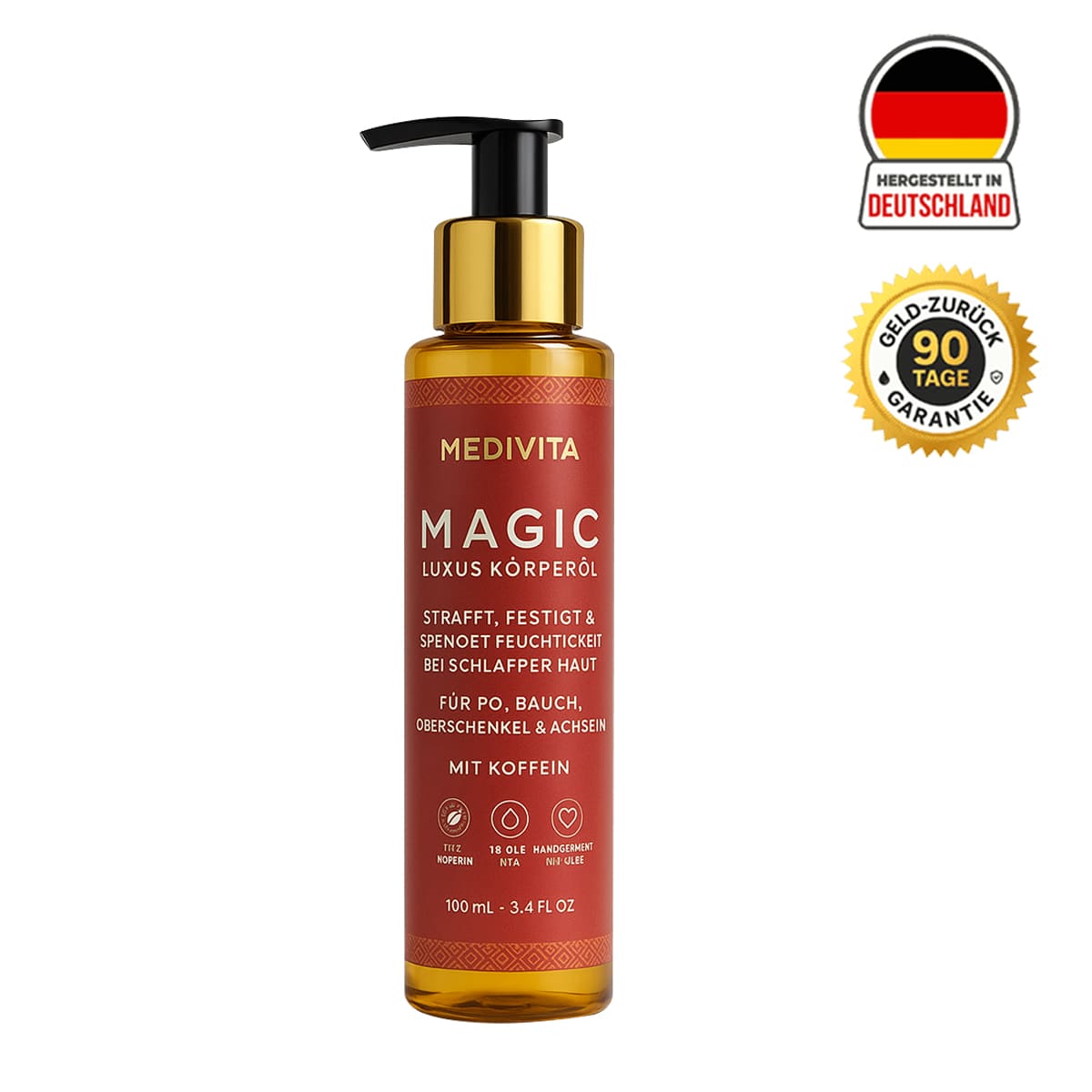 Medivita Magic Luxus Körperöl bottle with German quality seal and 90-day guarantee label.
