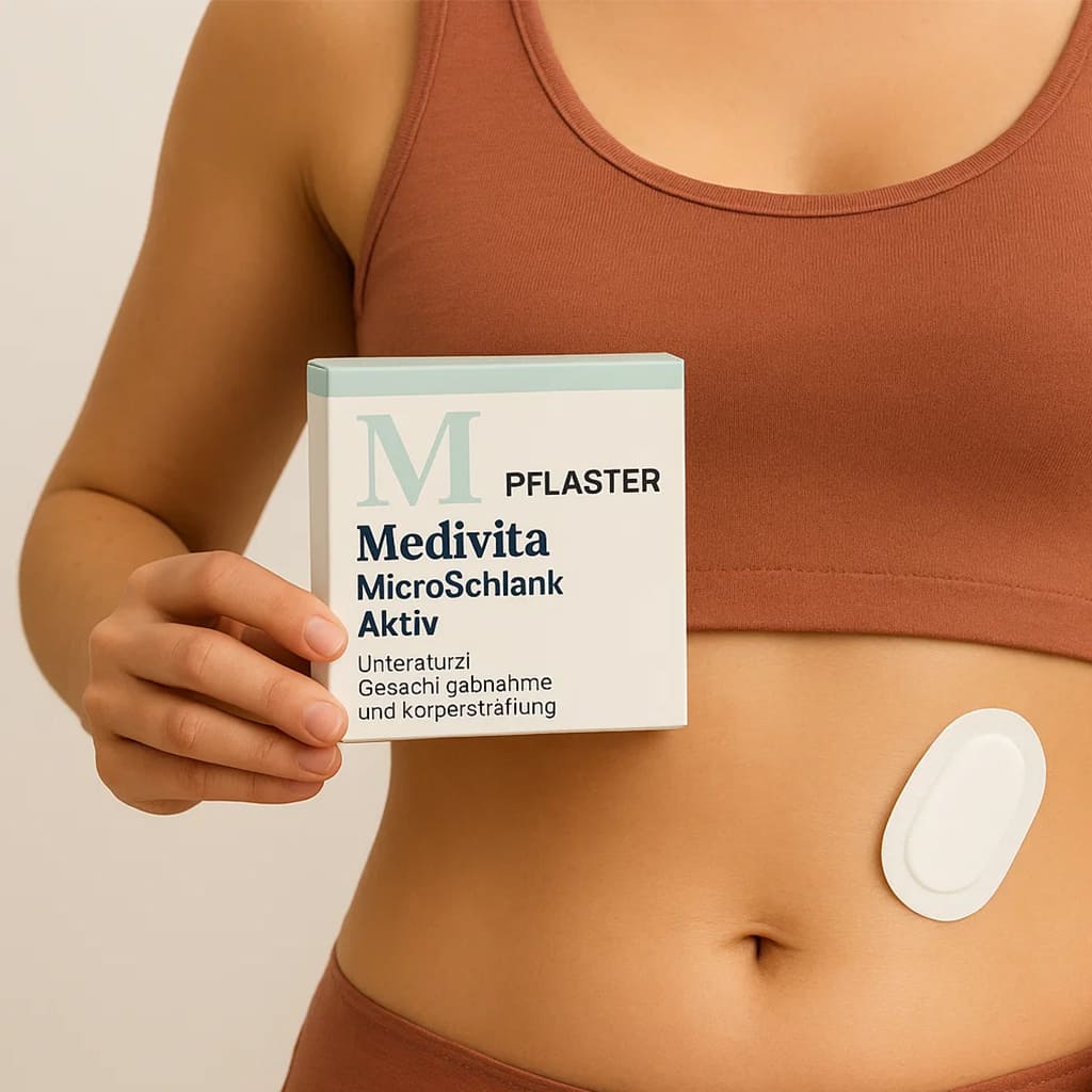 Person holding MediVita MicroSchlank Aktiv patch box with patch applied on abdomen.