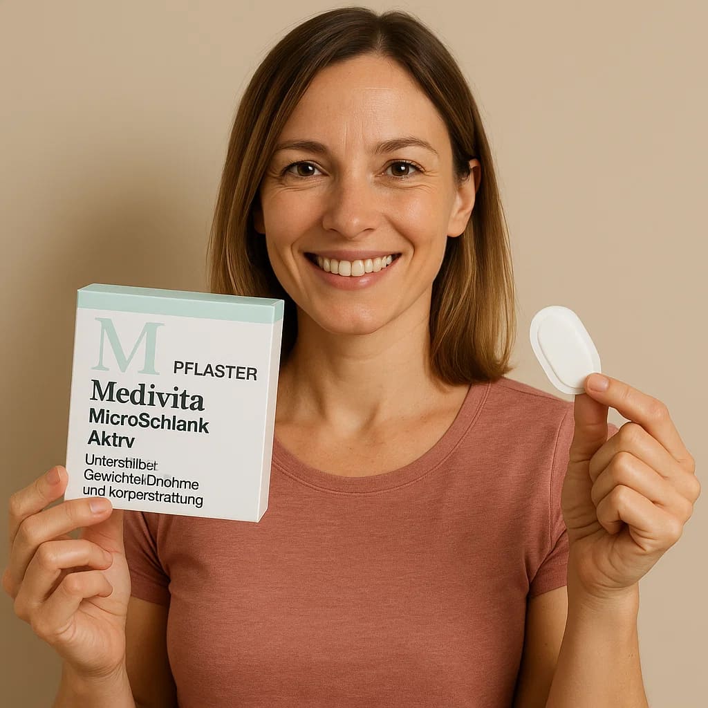 Woman holding Medivita MicroSchlank Aktiv microneedle patch box, promoting weight loss innovation in patch form.