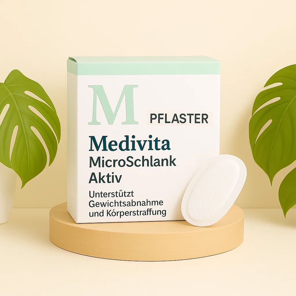Medivita MicroSchlank Aktiv patch box on display, highlighting its weight loss and body toning support features.