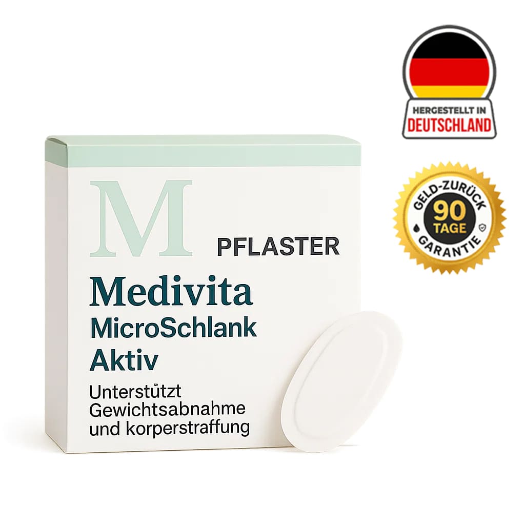 MediVita MicroSchlank Aktiv Patch for weight loss with microneedle technology, made in Germany, 90-day money-back guarantee.
