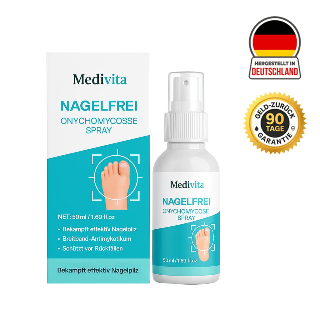 Medivita NagelFrei Onychomykose Spray bottle and packaging for nail fungus treatment, made in Germany, 90-day guarantee.
