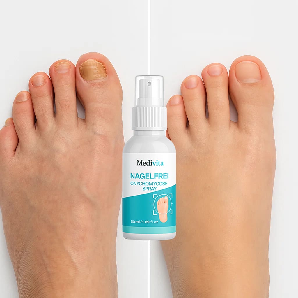 Medivita NagelFrei spray for treating toenail fungus, shown with before and after results on toenails, in 50ml bottle