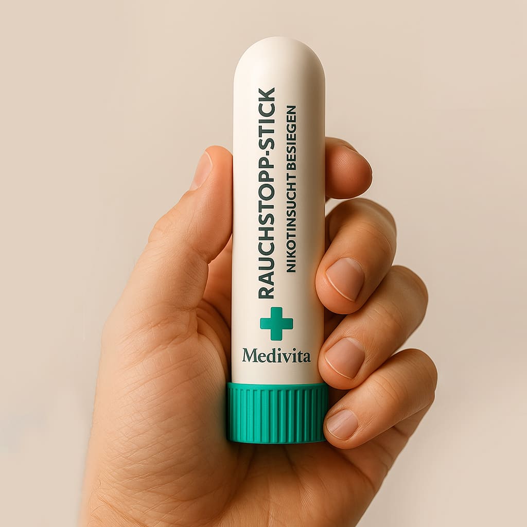 Hand holding Medivita RauchStop Stick, a natural aid to quit smoking and overcome nicotine addiction.