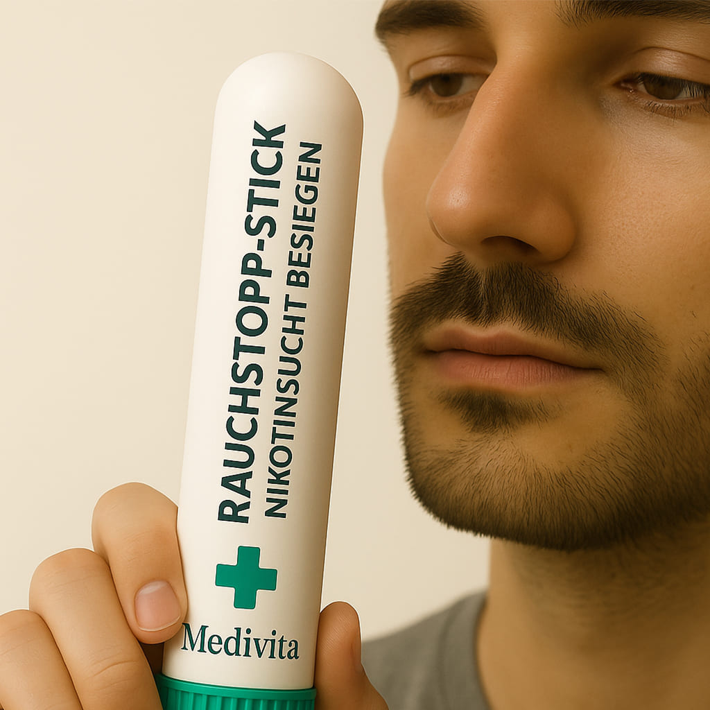 Man holding Medivita RauchStop Stick for smoking cessation