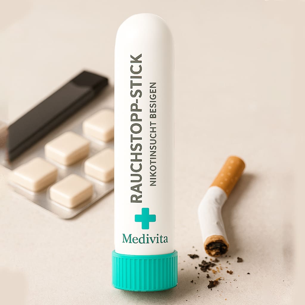 Medivita RauchStop Stick for smoke-free living, featuring anti-nicotine properties, with cigarette and gum in background.