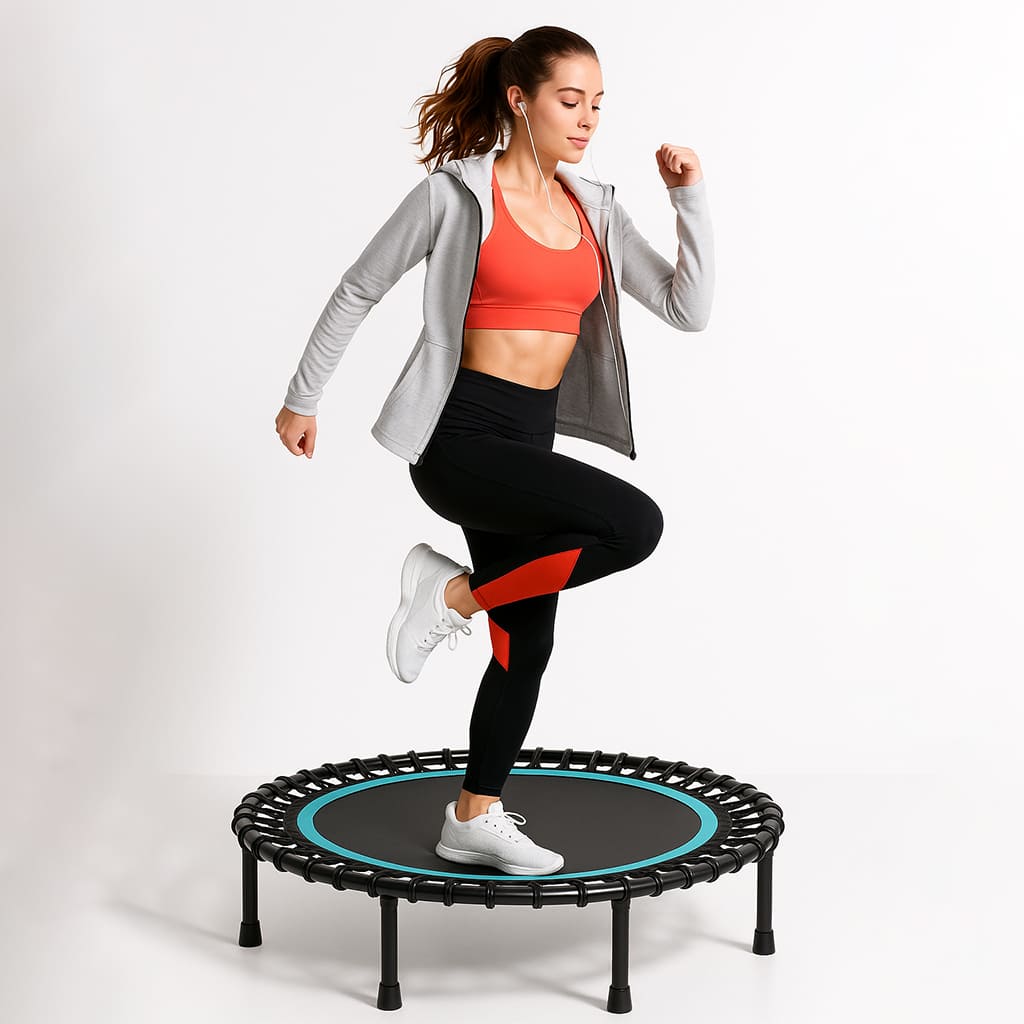 Woman exercising on Medivita AktivSpring mini trampoline for effective full-body workout at home, boosting energy and balance.