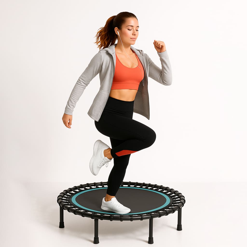 Woman exercising on Medivita AktivSpring mini trampoline, enhancing cardiovascular health, strength, and balance daily.