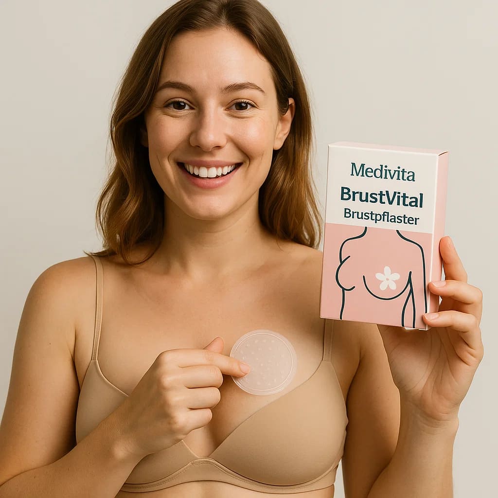 Woman holding Medivita BrustVital product box and patch, promoting natural breast enhancement and firming solution.
