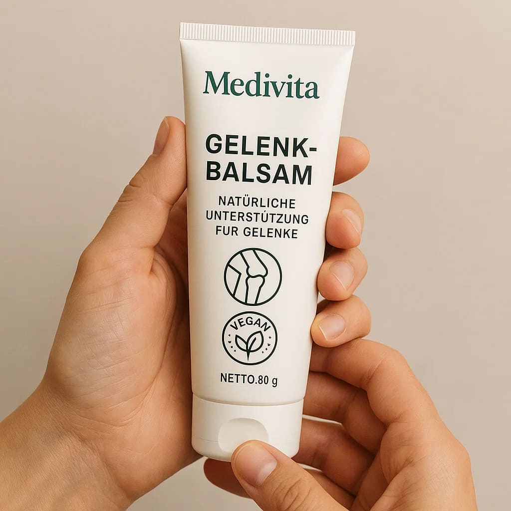 Hands holding Medivita GelenkBalsam tube for joint support, vegan