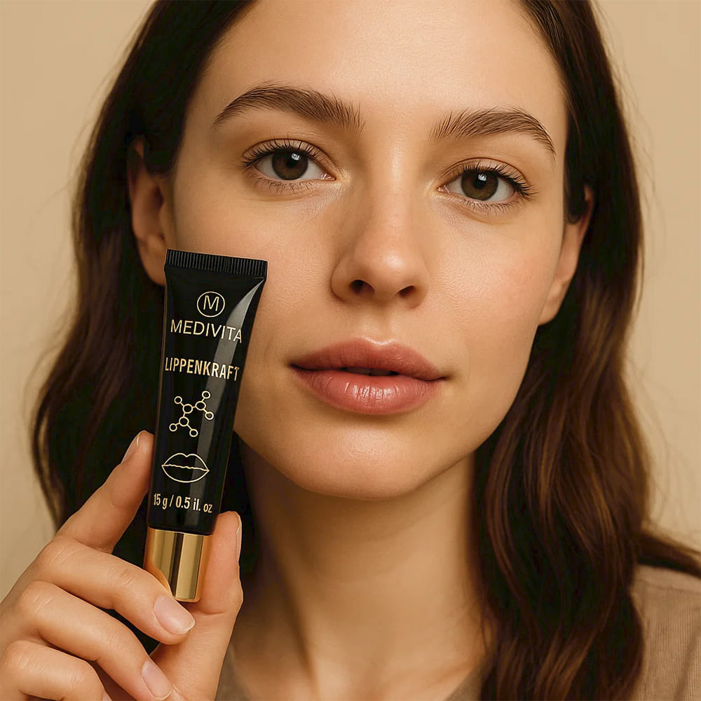 Woman holding Medivita Lippenkraft lip plumping product, highlighting advanced technology for fuller, hydrated, smooth lips.
