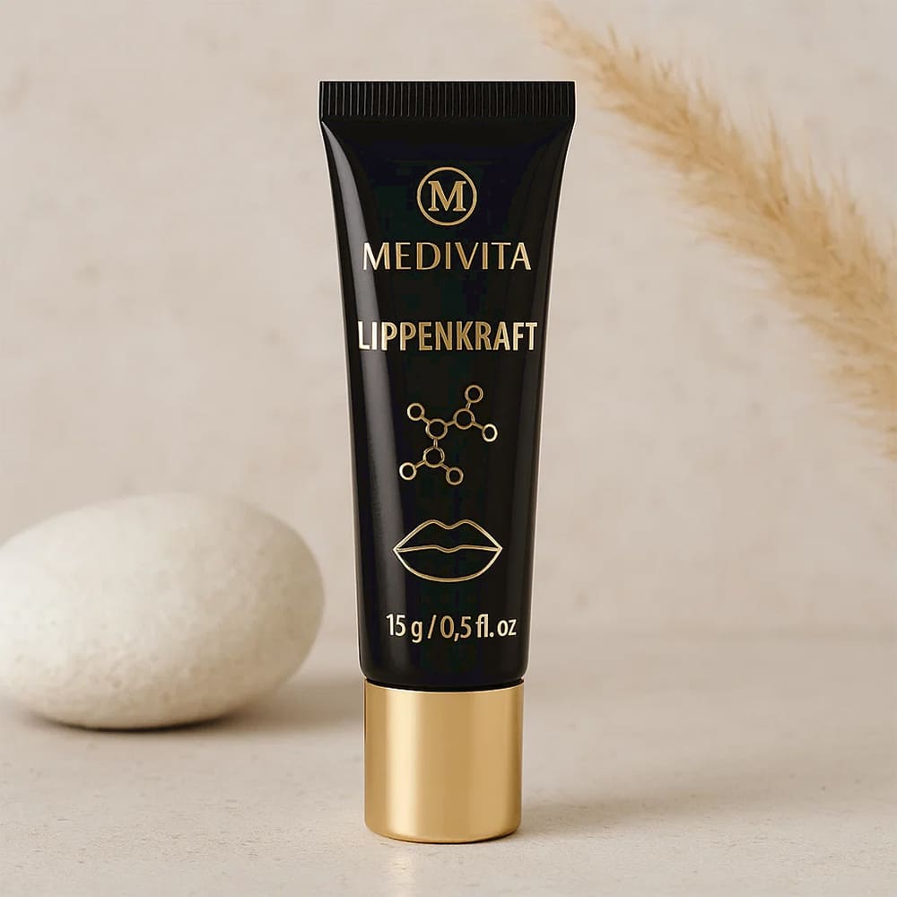 Medivita Lippenkraft lip enhancer tube with plumping technology and hydration benefits in elegant packaging.