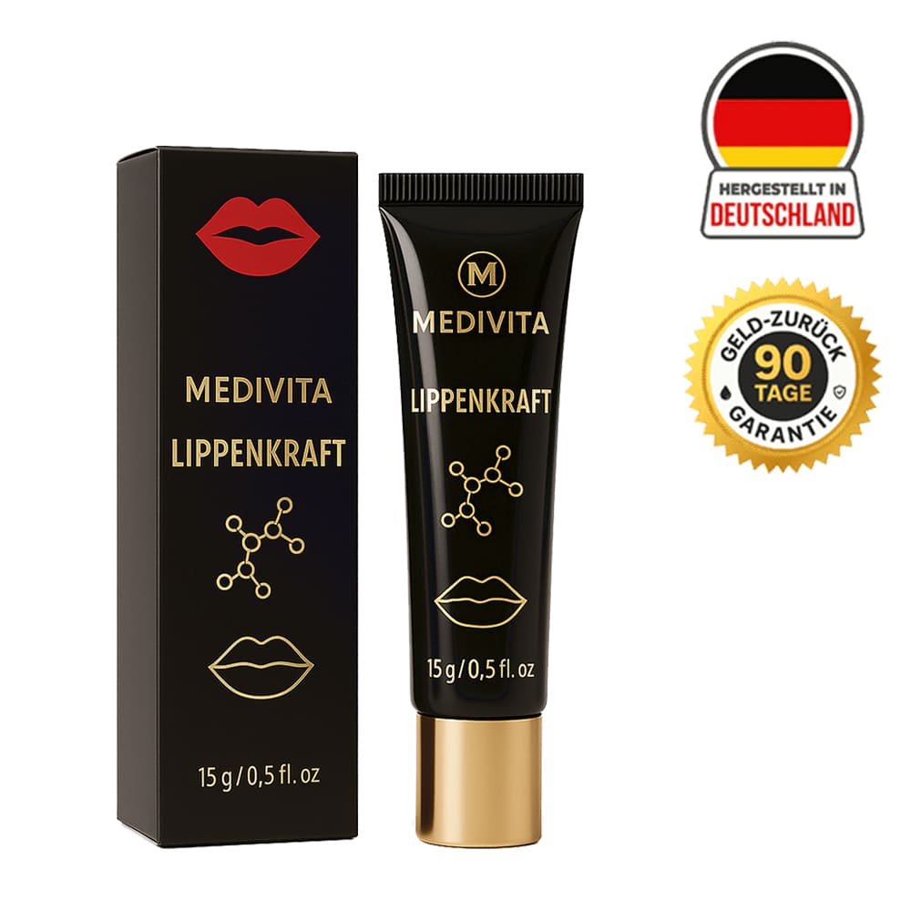 Medivita Lippenkraft lip plumper with German quality badge and 90-day guarantee, 15g tube and black box packaging.