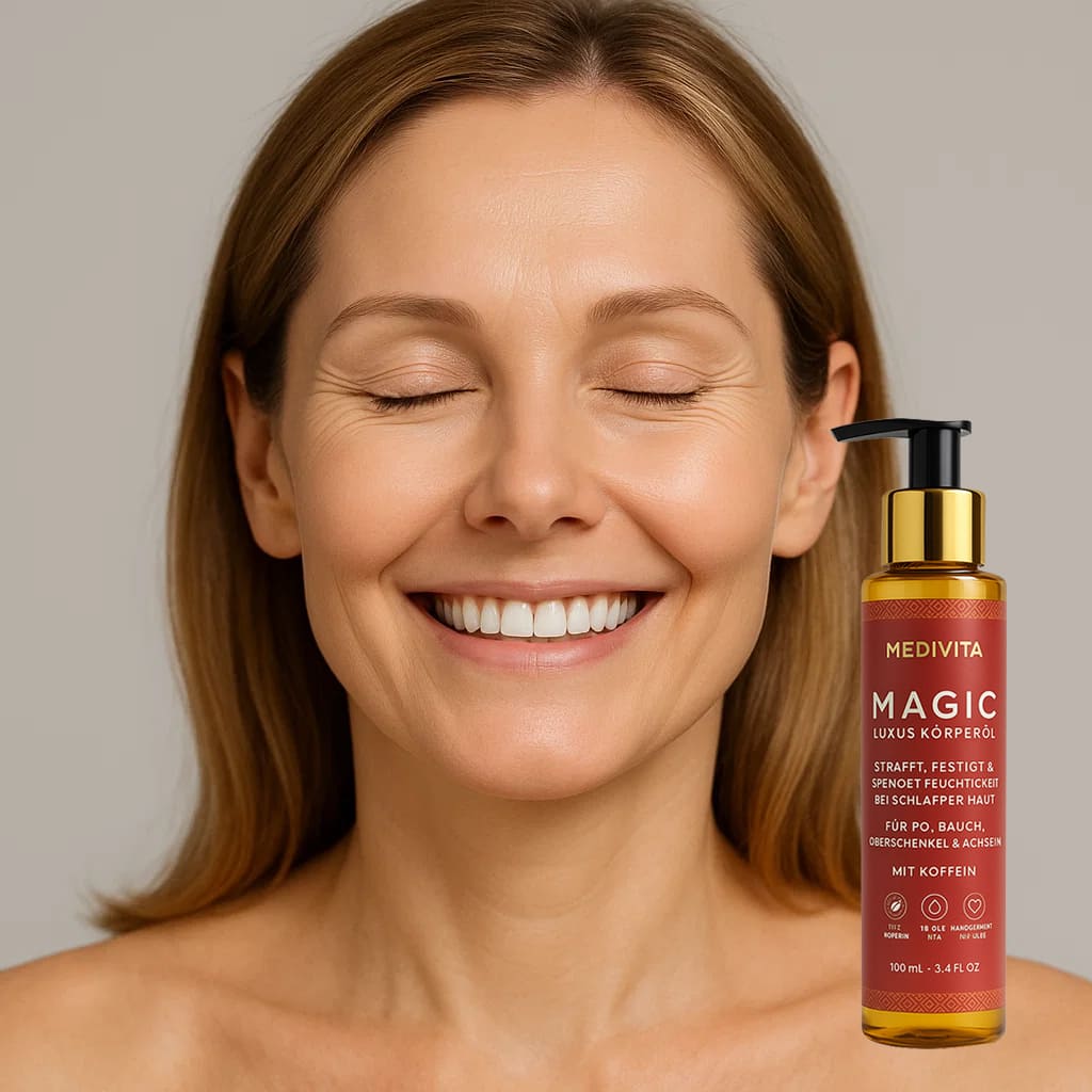 Woman smiling with Medivita Magic Luxus Körperöl bottle, luxurious body oil for firm and smooth skin care.
