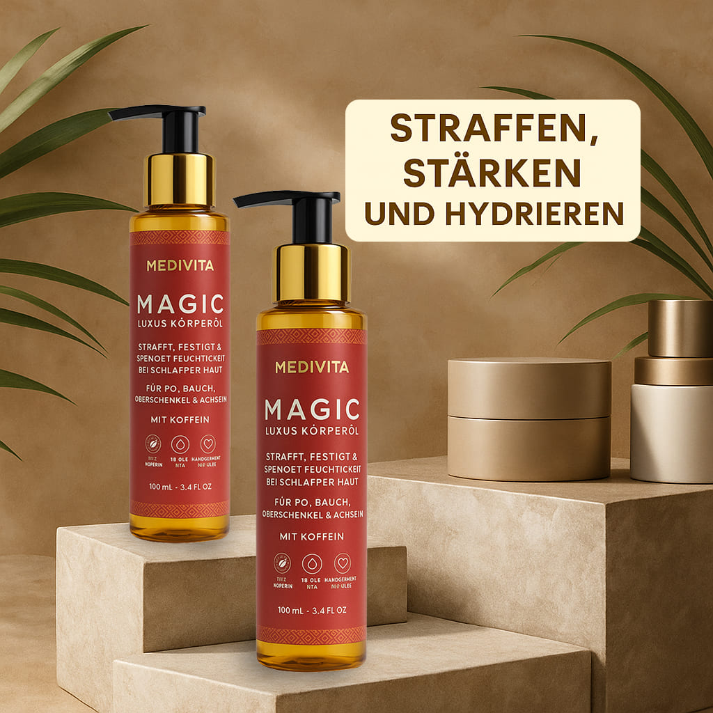 Medivita Magic Luxus Körperöl bottles on stairs, promoting skin tightening, strengthening, and hydrating benefits.