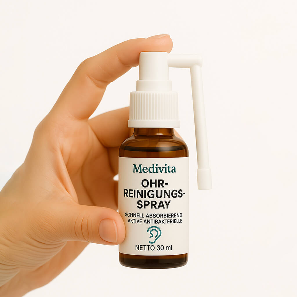 Hand holding a 30ml bottle of Medivita Ohr-Reinigungs Spray for gentle ear cleaning.