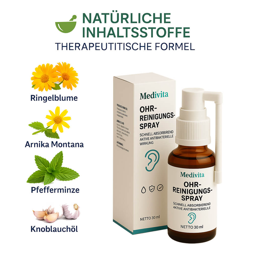 Medivita Ohr Reinigungs Spray 30ml with natural ingredients Arnika, Ringelblume, Pfefferminze, and Knoblauchöl for gentle ear care.