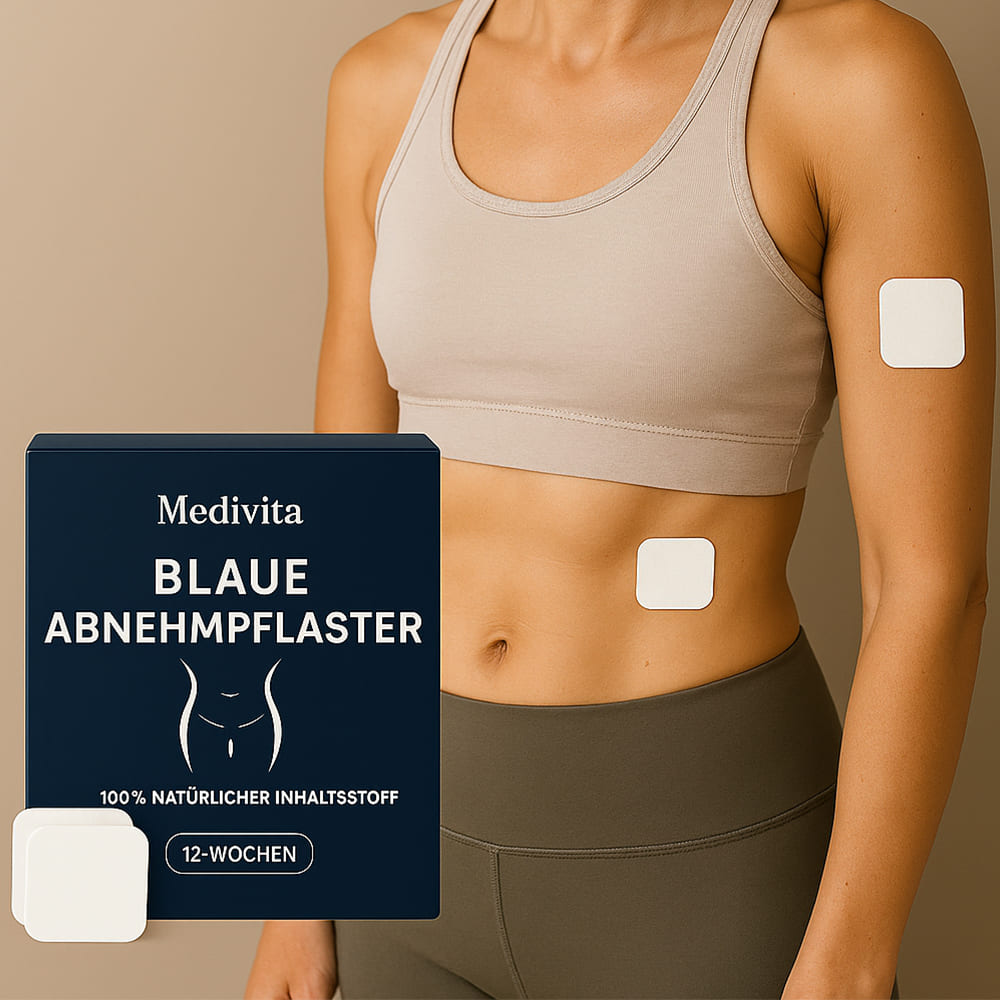 Woman wearing MediVita Blaue Abnehmpflaster showing application areas for weight loss patches.