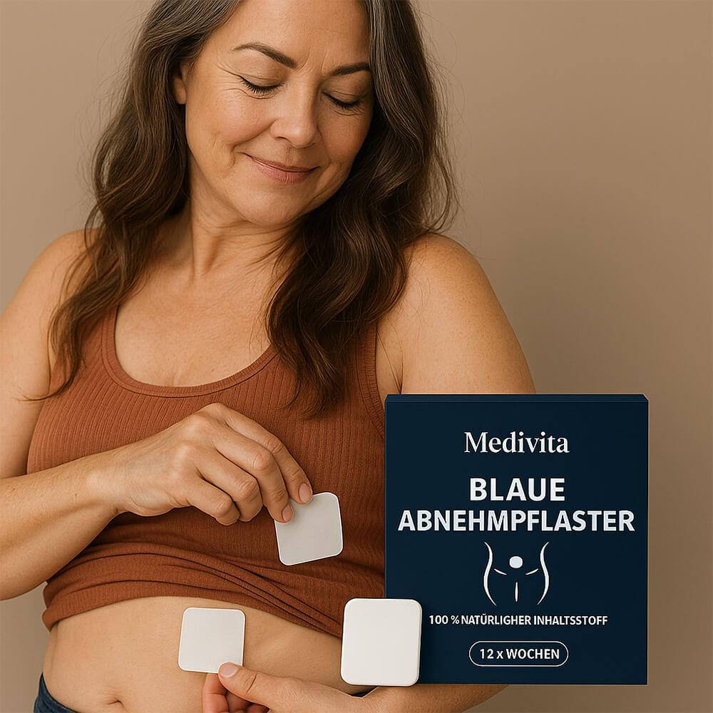 Woman applying MediVita Blaue Abnehmpflaster for visible weight loss in 7 days, boosts metabolism, with packaging shown.