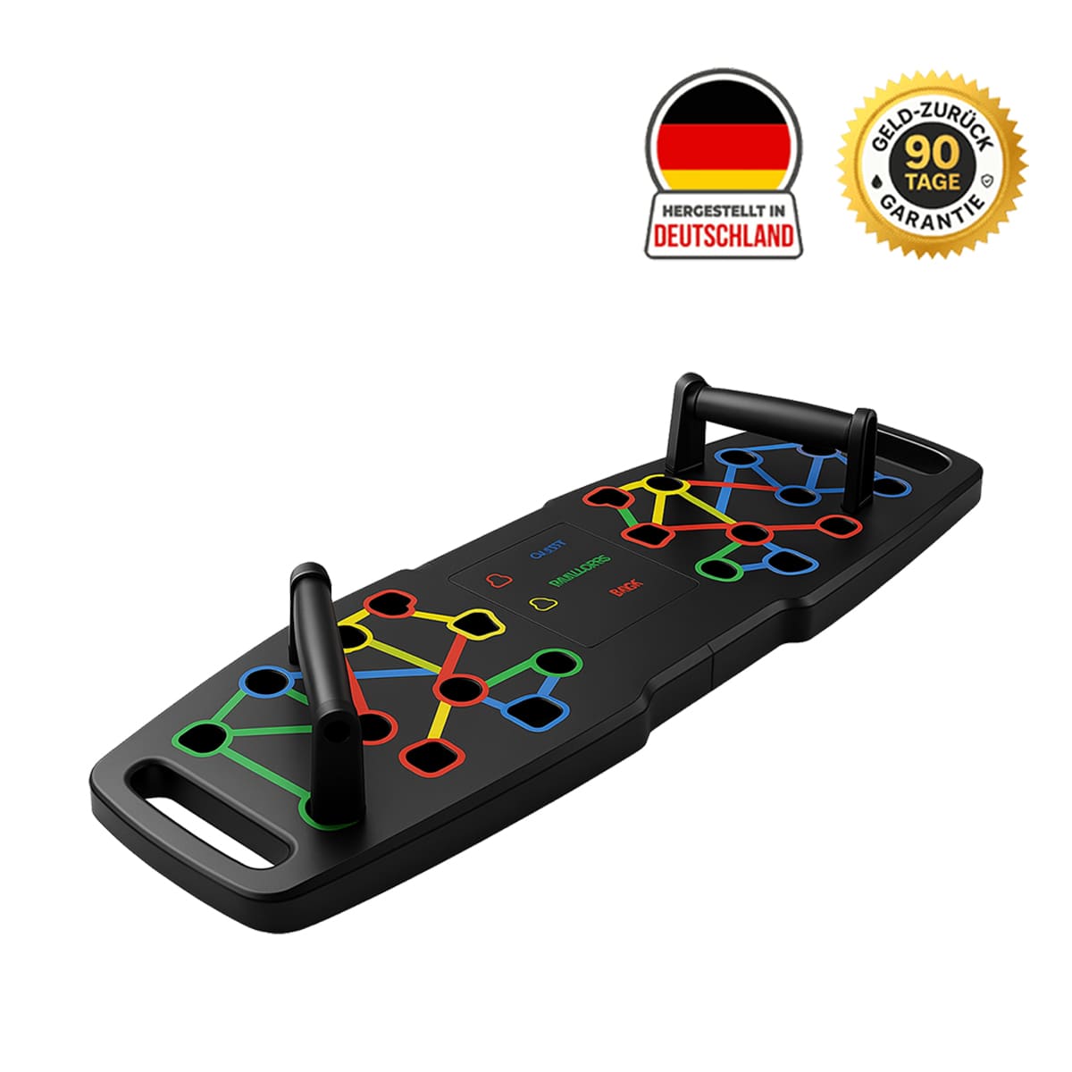 Colorful push-up board with German quality badge and 90-day money-back guarantee on display.