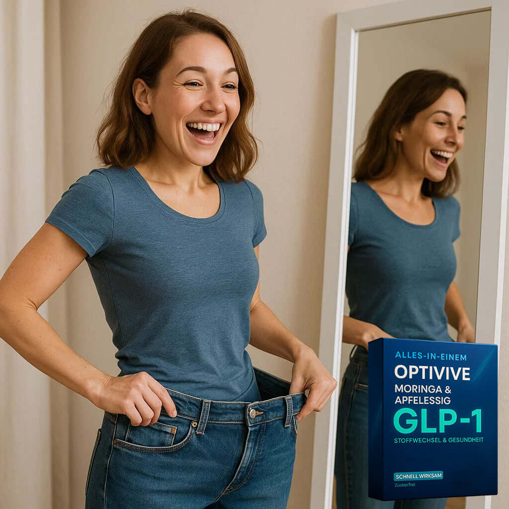 Smiling woman in front of mirror with OptiVive GLP-1 box, showing weight loss success in blue jeans and shirt.