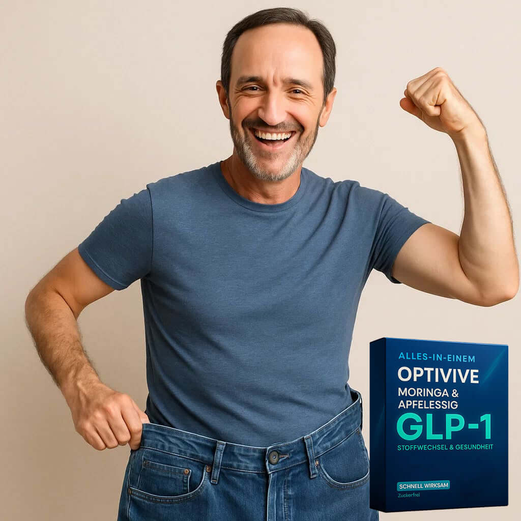 Man smiling and holding loose jeans with OptiVive GLP1-platzende Perlen package in front, indicating weight loss success.